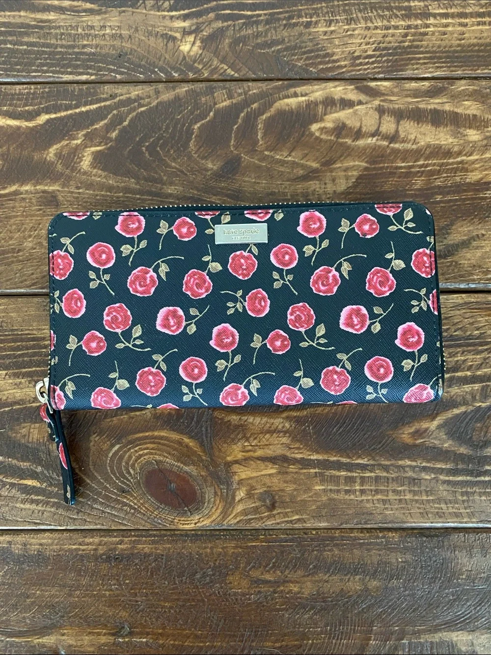 Kate Spade Black Rose Zip-Around Wallet